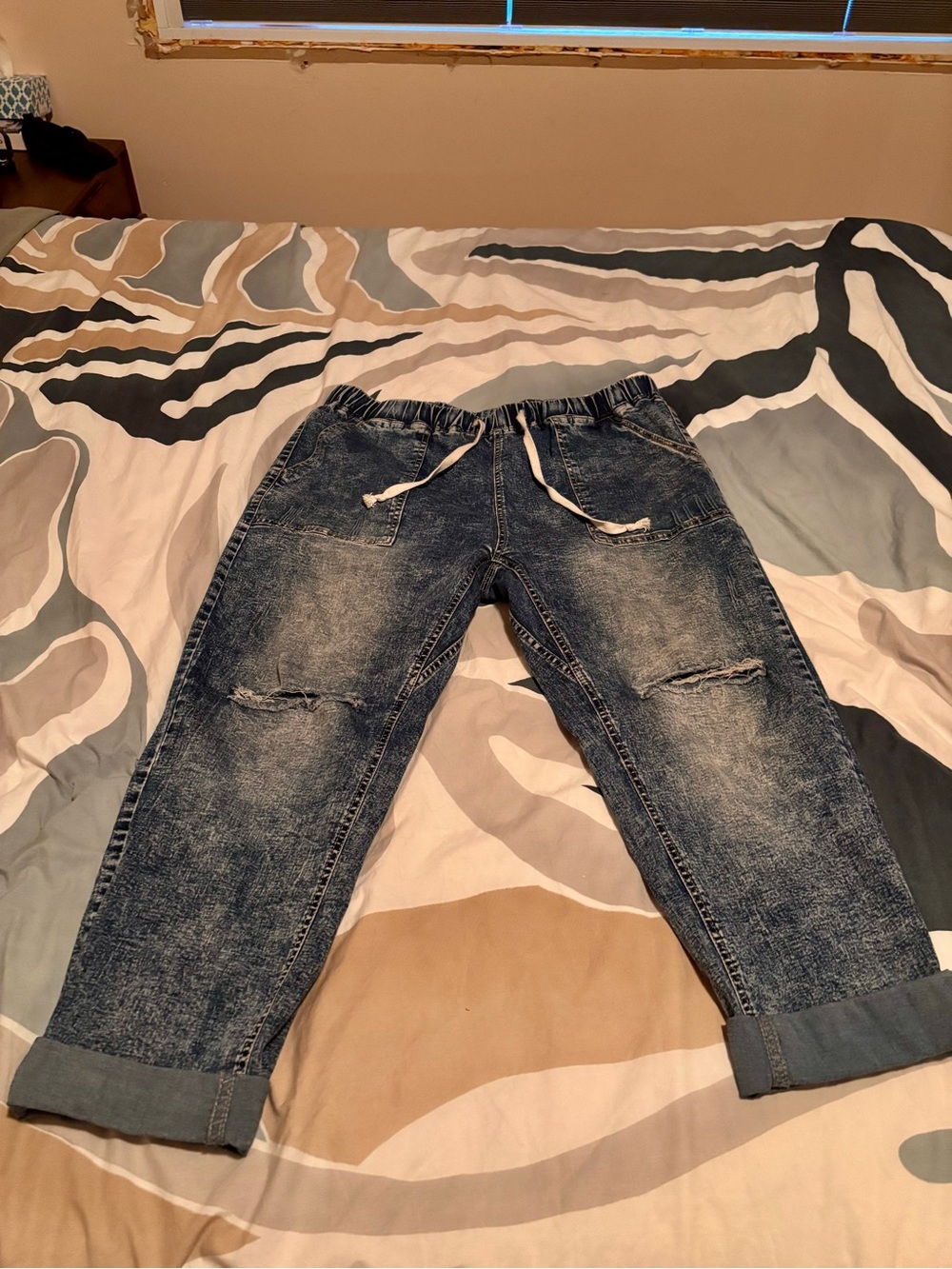 Comfort Stretch Washed Blue Distressed Women’s Jeggings with Drawstring